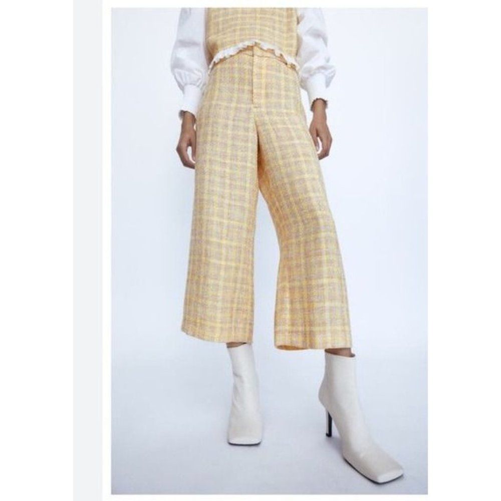 Zara Womens Yellow Tweed Wide Leg Culottes Cropped Pants Trousers M 7149/057 NWT